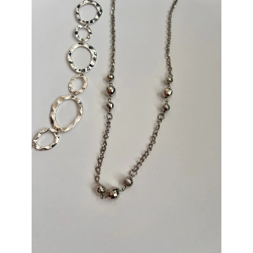 Two Necklaces & Bangle Lot‎ - Silver Tone Chain Link Statement Jewelry Set